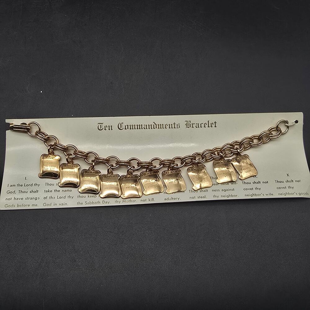 Vintage Gold Tone Ten Commandments Charm Bracelet New Old Stock On Card